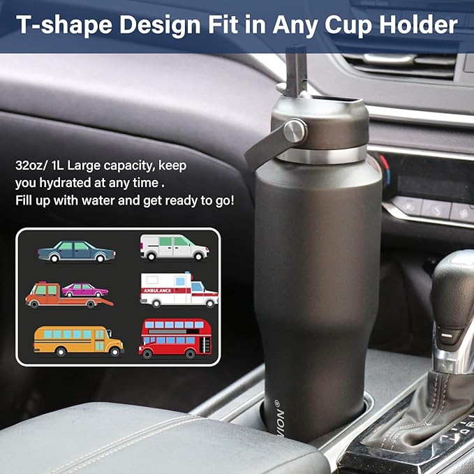 HYDROWION Insulated Water Bottle, 32oz Water Bottle with Straw Lid, Double Walled Leak Proof 32oz Vacuum Bottle (Cold for 48 Hrs,Hot for 24 Hrs) Fit in Any Car Cupholder, White&Black