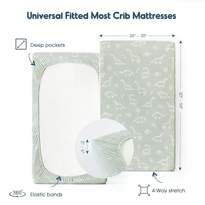 GRSSDER Stretch Ultra Soft Jersey Knit Fitted Crib Sheets Set 2 Pack，Fit All Standard Crib Mattress Pads Safe and Snug, Crib Fitted Sheet for Baby, Dinosaur