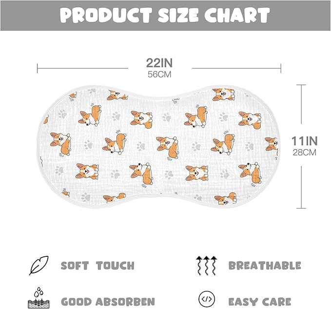 Qinllo 4 Pack Muslin Burp Cloths Cute Corgi Dogs White Cotton Baby Burp Cloths Absorbent Burping Cloth Soft Spit Up Rags for Newborn Must Haves 22x11 Inch