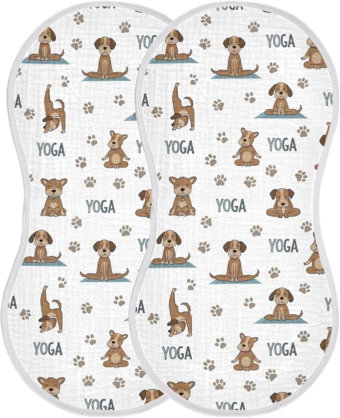 Qinllo 2 Pack Muslin Burp Cloths Dogs Yoga Cotton Baby Burp Cloths Extra Absorbent and Soft Thick Burping Cloth for Newborn Must Haves 22x11 Inch