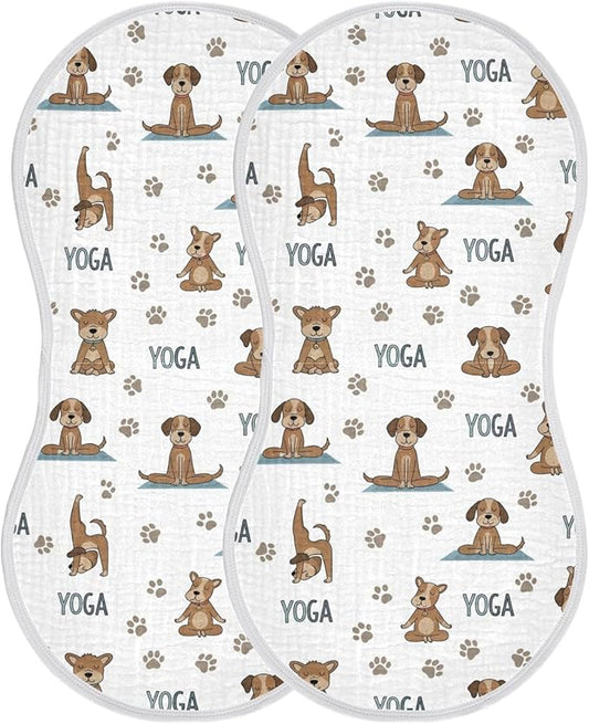 Qinllo 2 Pack Muslin Burp Cloths Dogs Yoga Cotton Baby Burp Cloths Extra Absorbent and Soft Thick Burping Cloth for Newborn Must Haves 22x11 Inch