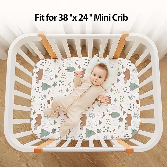 Baby Mini Crib Sheets Boy, Portable 38”x26” Pack and Play Sheets Fitted for Playard and Pack N Play Mattress, 3-Pack Soft Microfiber Green Forest Bear