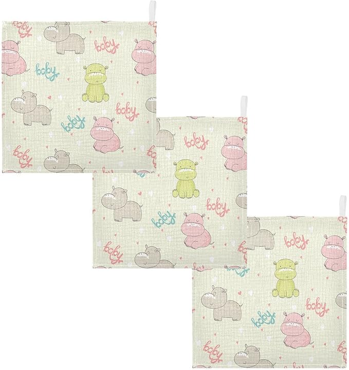 vvfelixl Cotton Cute Hippo Baby Muslin Washcloths Soft Face Towel for Newborns, 11.8 X 11.8 Inch, 5 Pack Beige