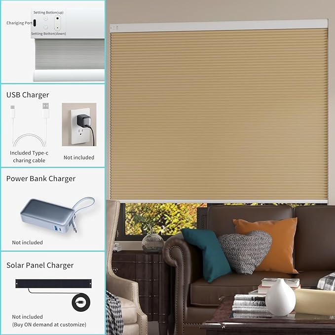 MYshade Motorized Cellular Shades - Smart Blinds Compatible with Alexa/Google Home/SmartThings, 100% Blackout Rechargeable Cordless Honeycomb Blinds, Custom-Size Auto Shades for Windows (Light Brown)