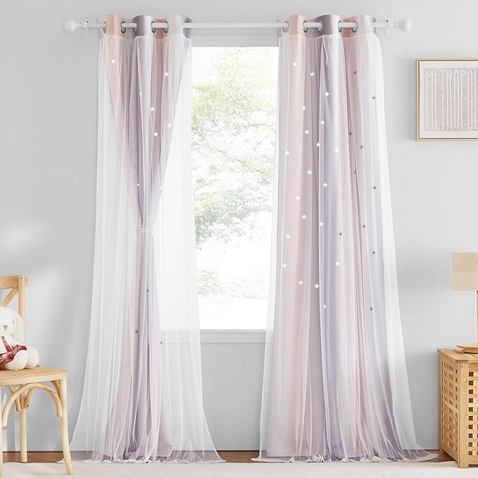 NICETOWN 2 Panels Stars Blackout Curtains for Bedroom Girls Kids Baby Window Decoration Double Layer Star Cut Out Aesthetic Living Room Decor Wall Home Curtain, W34 x L84 Inches, Pink & Grey