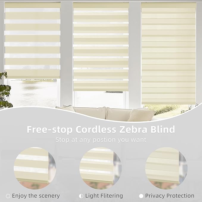 ChrisDowa Cordless Zebra Blinds for Windows, Dual Layer Free-Stop Light Filtering Window Roller Shades, Pull Down Privacy Zebra Shades for Home, Office, Bedroom, Door (65" W x 72" H, Beige)