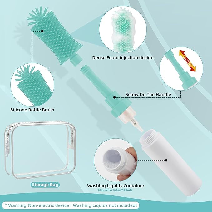 Chuya Baby Bottle Brush Kit - Silicone Bottle Brush & Nipple Brush for Baby Bottles,Nipple,Breast Pump Parts, with Upgraded Press-Pump Foam Dispenser Cleaning Set for Travel TSA Home Use