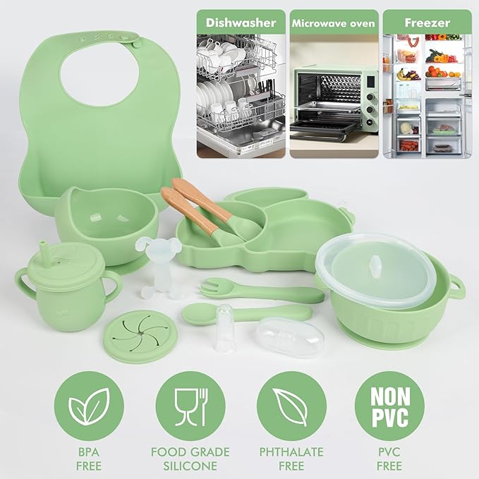 mraisebossup Silicone Baby Feeding Set 15 Pcs，Baby Spoons Suction Bowl Divided Plate Bib Cup Finger Brush Training cups,Baby Led Weaning Supplies（green）