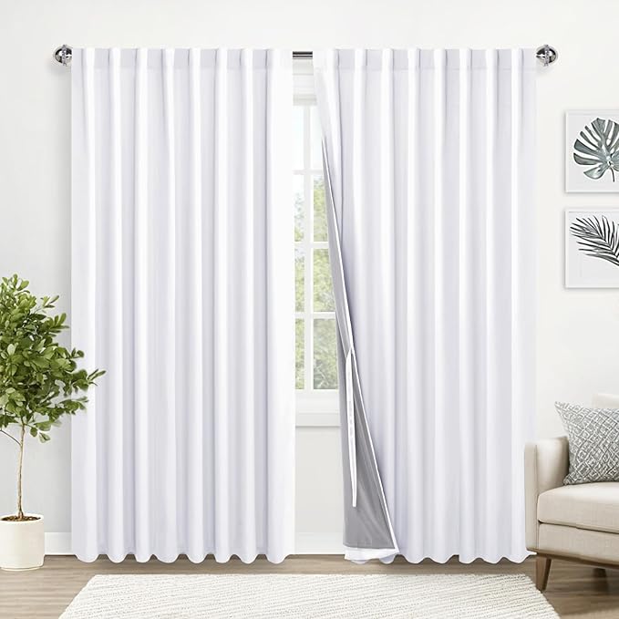 XWZO 100% Blackout Curtain 84 Inches Length 2 Panels Set - Extra Wide Thermal Insulated Noise Reducing Heat Blocking Drapes for Bedroom with Tiebacks, Rod Pocket/Back Tab, White, W70 x L84, 2 Pieces