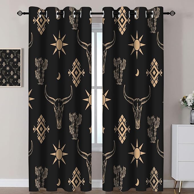 Western Cow Skull Curtains, Black Gold West Aztec Blackout Curtains Room Darkening Grommets Western Drapes, Window Curtains for Living Room Bedroom Decor 2 Panels 52x84 Inch