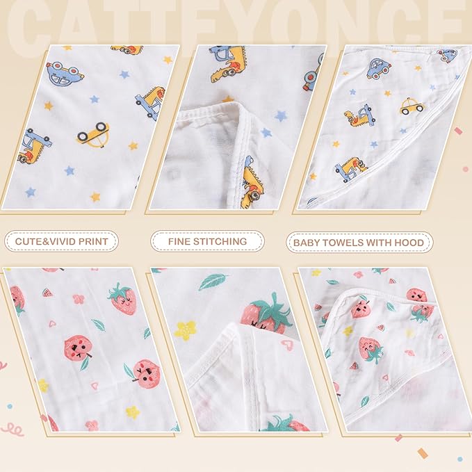 2 Pack Hooded Baby Bath Towels,Large 32"x 32",Cotton Baby Bath Towel with Hood for Infant Toddler and Kids, Soft and Absorbent,Unisex Baby Bath Essentials. (Strawberries/Oranges)