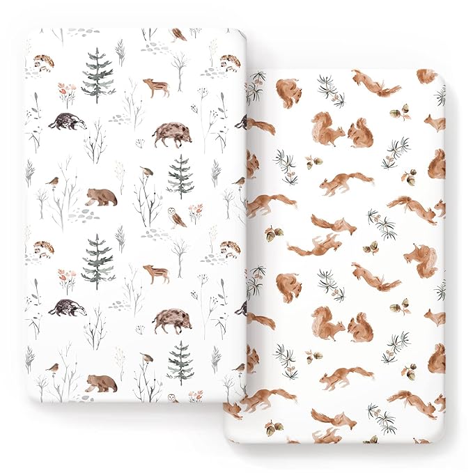 Stretch Ultra Soft Jersey Knit Fitted Crib Sheets Set 2 Pack，Fit All Standard Crib Mattress Pads Safe and Snug, Crib Fitted Sheet for Baby, Cute Jungle Squirrels and Animals