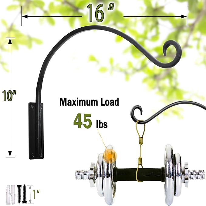 Heavy Duty Plant Hanger Bracket - 2 Packs 16-Inch Metal Bird Feeder Hangers Outdoor, 45lbs Weight Capacity - Hanging Plant Hooks for Heavy Plant, Birdhouse, Wind Chimes, Flower Baskets