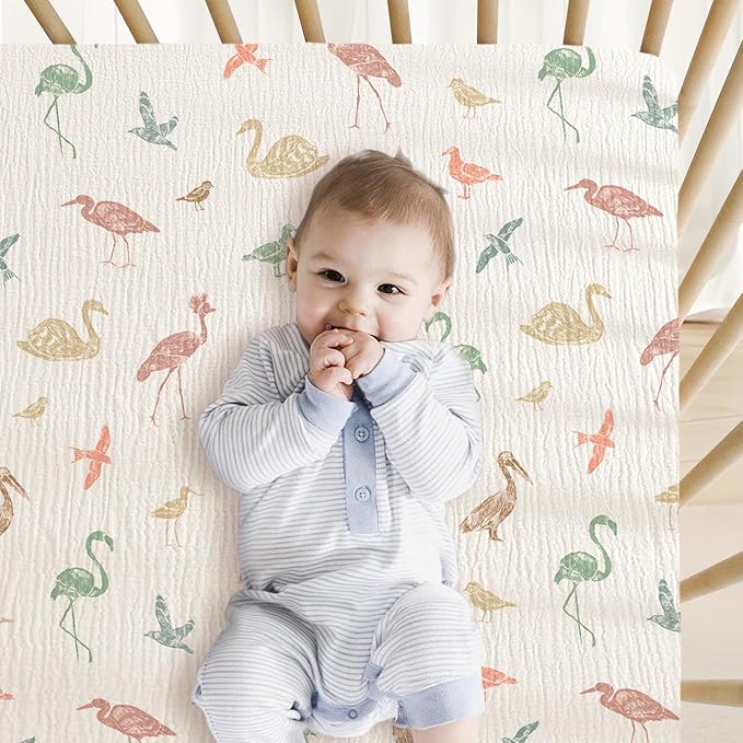Little Grape Land Muslin Crib Sheets Fitted for Boys and Girls 2 Pack, 100% Cotton Baby Bed Sheets Soft Breathable, Neutral Fitted Baby Mattress Sheets for Standard Crib 52x28 inches, Wetland Bird