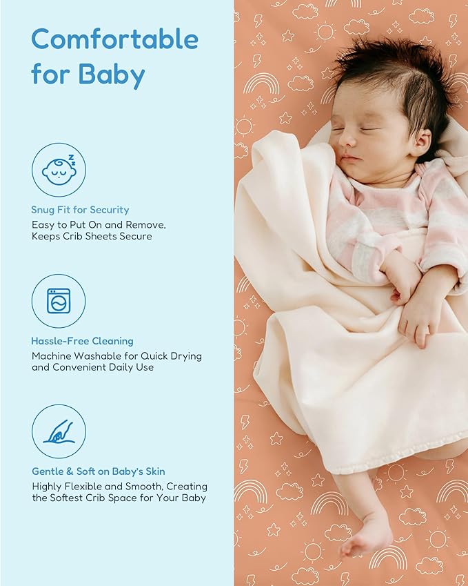 Baby Crib Sheets Boy Girl for Standard Crib Mattress - Orange Cloud and Rainbow Design Crib Sheet, Ultra Soft, Durable, Comfortable Fitted Crib Sheet, 28''x52''x9'' Deep Pocket