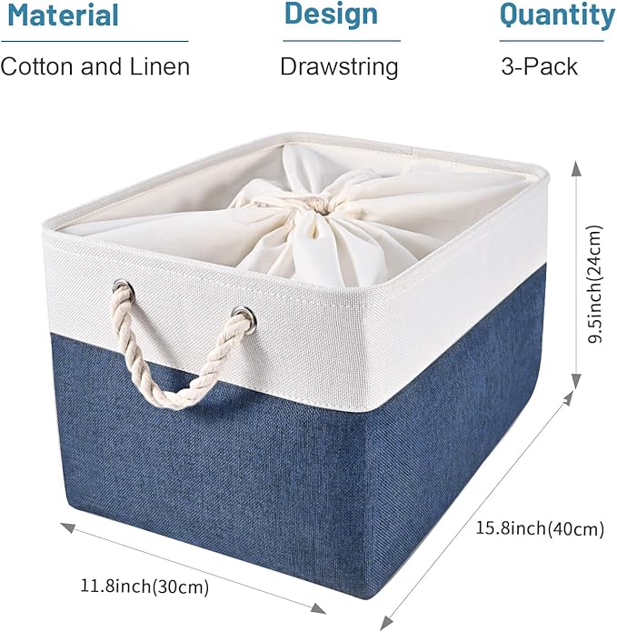 HOdo Home 3PCS Storage Bins, Fabric Bin with Drawstring Closure and 2 Bold Handles, Collapsible Large Canvas Baskets for Organizing Shelf Nursery Home Closet (15.8×11.8×9.5 In, White and Navy)