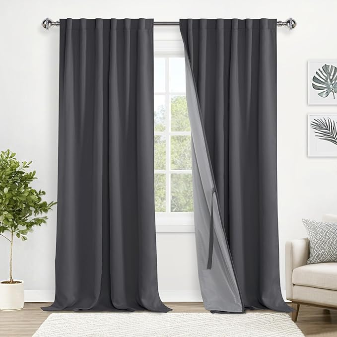 XWZO Full Blackout Curtains with Tiebacks- Heat and Light Blocking Rod Pocket & Back Tab Window Drapes with Black Liner for Bedroom/Office, Dark Grey, W52 x L108, Set of 2 Panels