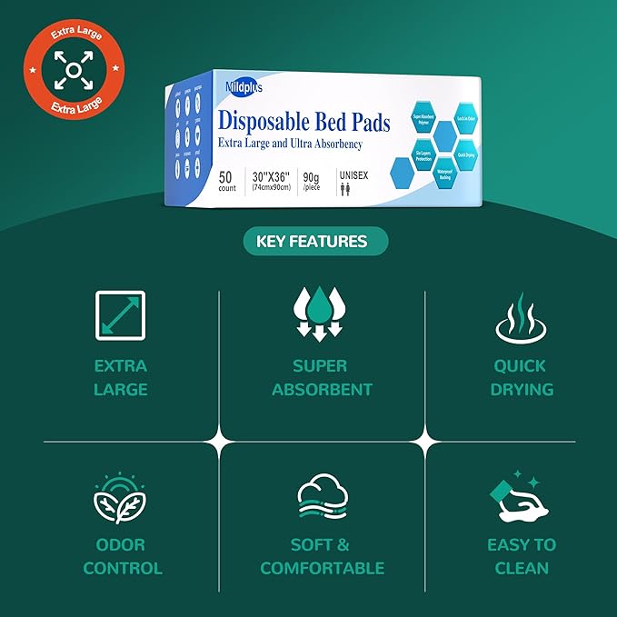 MILDPLUS Disposable Bed Pads 30“x36”, 50 Count Extra Large Underpads , Heavy Duty Absorbent Bed Pads for Adult Incontinence, Senior Care, Kids & Puppy Training Pads (No Adhesive)