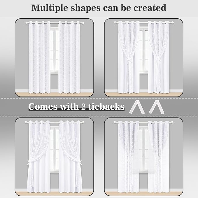 Yinhua White Curtains for Living Room Double Layer Blackout Curtains for Bedroom 84 Inches Long Nursery Curtain with Tiebacks, Thermal Insulation Grommet Drapes for Dining Room, 52" W x 84" L
