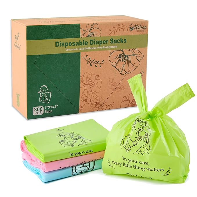 Diaper Bags Disposable for Baby, 300 Count Dirty Disposable Diaper Sacks, Easy-Tie Handles, Sanitary Napkin Disposal Bag, Diaper Disposal or Pet Waste Bags,Rainbow