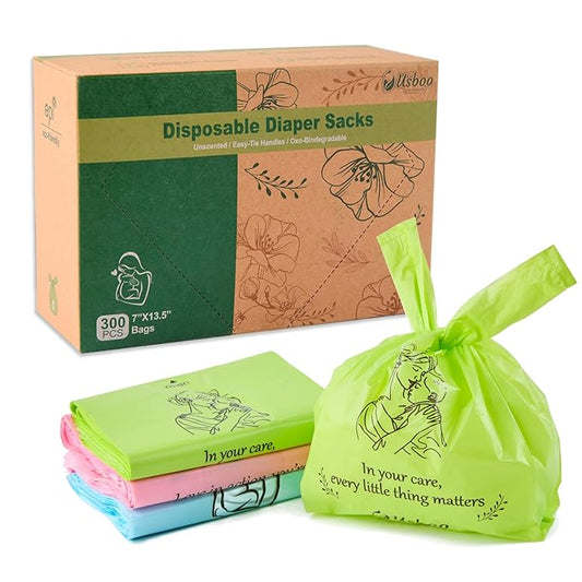 Diaper Bags Disposable for Baby, 300 Count Dirty Disposable Diaper Sacks, Easy-Tie Handles, Sanitary Napkin Disposal Bag, Diaper Disposal or Pet Waste Bags,Rainbow