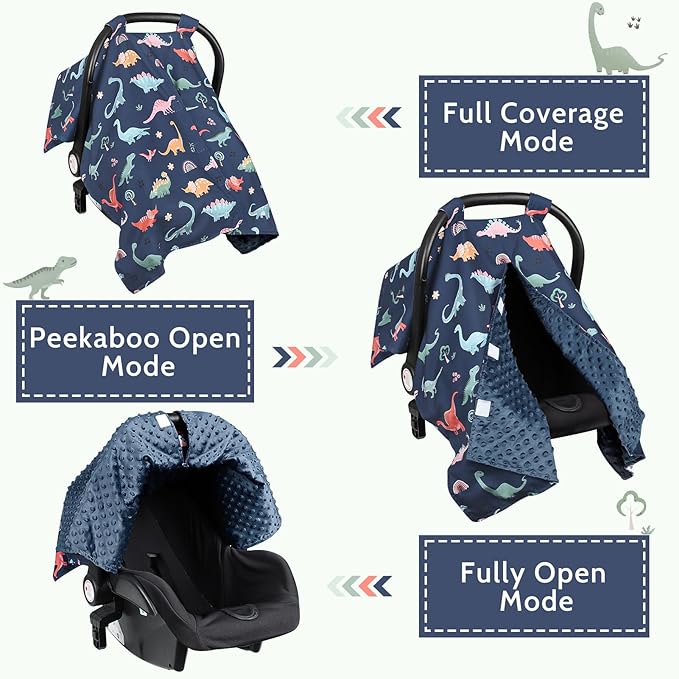 Car Seat Cover Baby, Peekaboo Opening Carseat Covers Baby Girl, Warm Minky Infant Car Seat Canopy, Multi-Use Cover Protecting Baby from Wind, Sun, Strangers, Blue Dinosaur