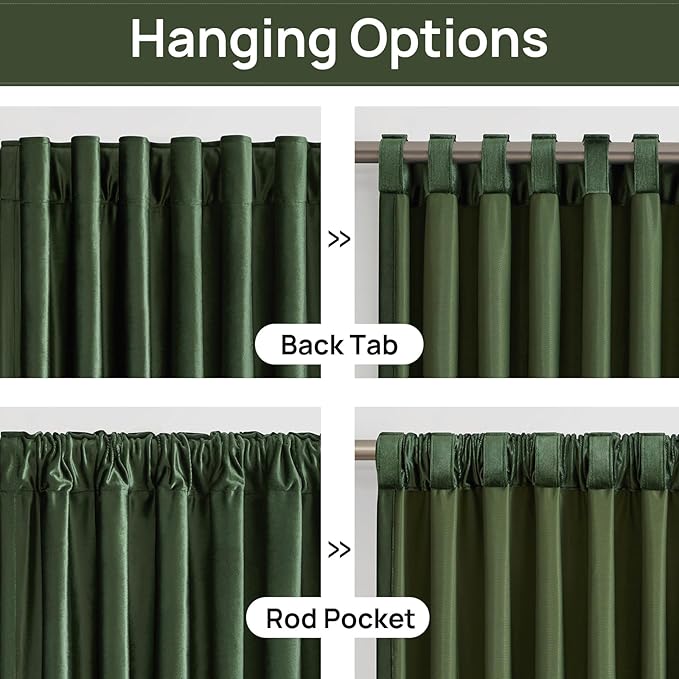 PRIMROSE Emerald Olive Green Velvet Curtains 120 inch Long for Living Room,Set of 2 Panels Blackout Rod Pocket Back Tab Window Treatment Room Darkening Heavy Decorative Curtains Drapes for Bedroom