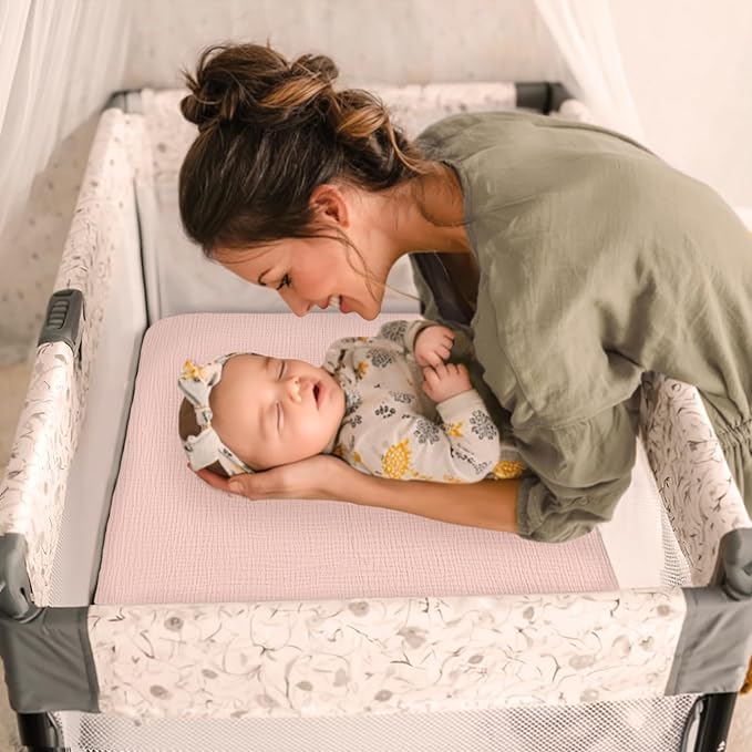 lulumoon Mini Crib Sheets 2-Pack: Soft Muslin Cotton Pack and Play Sheets for Playard Mattress - Boho Floral Print for Girls