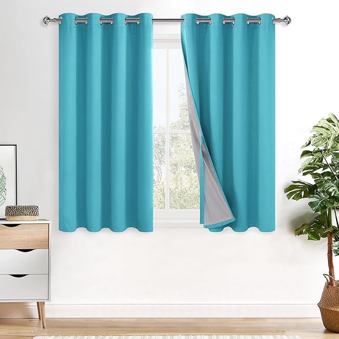 XWZO 100% Blackout Curtains with Tiebacks- Double Layer Total Shading Window Treatment Thermal Insulated Lined Drapes with Grommets for Bedroom/Patio Door, Turquoise, W52 x L54, Set of 2 Panels