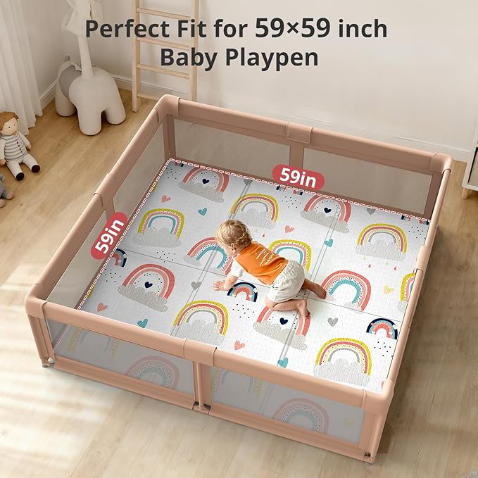 Foldable Foam Baby Play Mat for Floor, Babies Activity Tummy Time Playmat, Kids Non Toxic Foam Thick Play Mat for Baby, Toddlers, Waterproof & Anti-Slip Crawling Mats,Rainbow,59x59x0.4