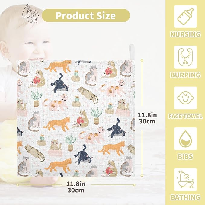 vvfelixl Baby Washcloths Cotton Funny Cats Cactus Baby Muslin Washcloths Soft Baby Face Towel for Newborn Infants Baby Wipes, 11.8 X 11.8 Inch, 5 Pack