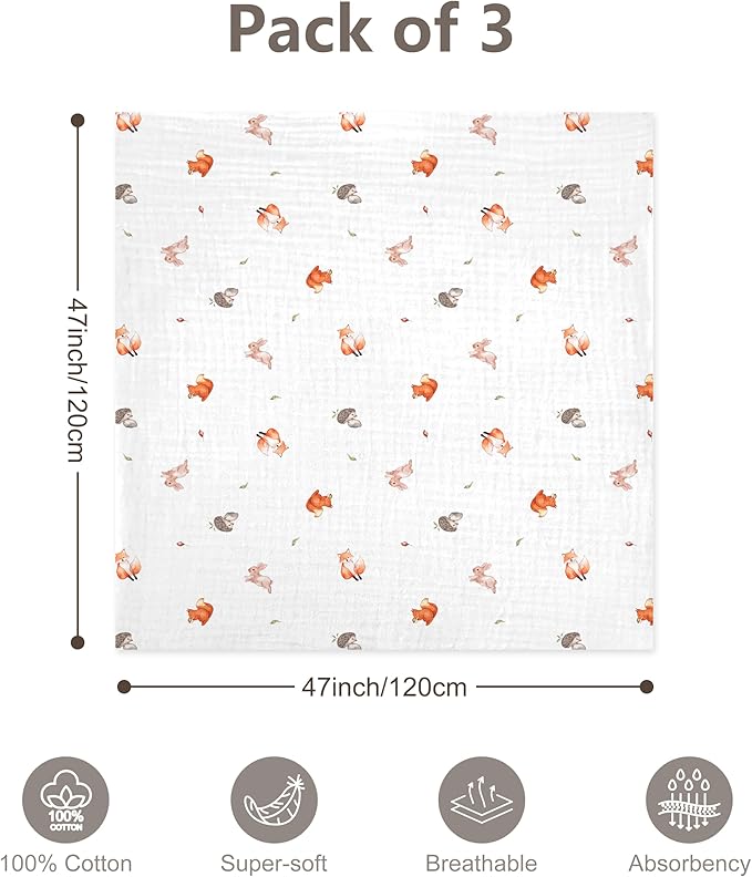 3-Pack 100% Cotton Muslin Swaddle Blankets, Large 47 x 47 Inches — Breathable Soft Receiving Blankets for Newborns, Swaddling Wraps, Registry Gift (Playful Forest Animals)