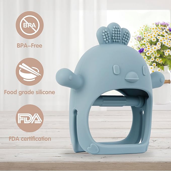 Baby Teether Toy for Infants 3–24 Months, Silicone Biting Toy with Handle, Textured Surface for Gum Soothing, Easy to Hold and Clean, Travel-Friendly Design (Chicken Dusty Blue)