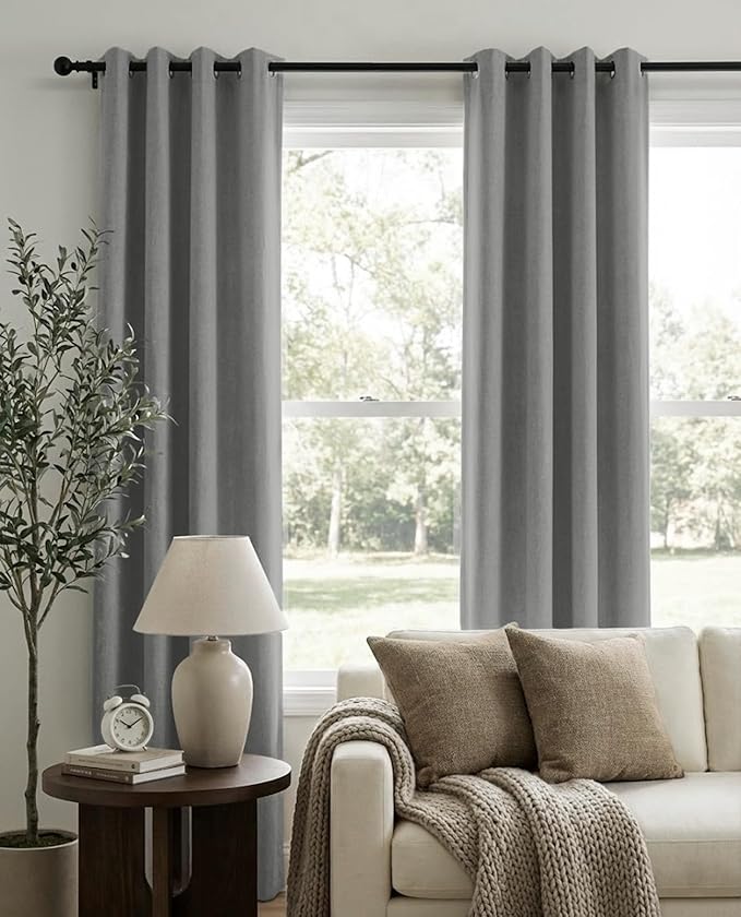 100% Blackout Shield Linen Blackout Curtains for Bedroom, Grey Grommet Curtains for Living Room, Thermal Insulated Room Darkening Drapes for Nursery, Boho Home Decor, 50" W x 96" L, 2 Panels