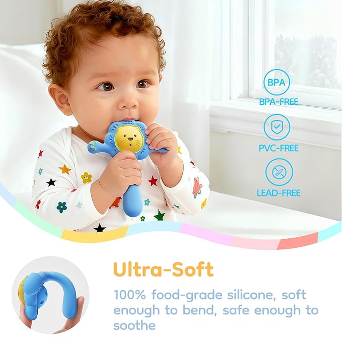 Lion Teething Toys for Babies, Soft Silicone Teether Rattle for Teething Relief 3 5 6 8 9 10 12 18 Months | BPA Free Montessori Sensory Toy for Baby Toddler Motor Skill Development, Blue