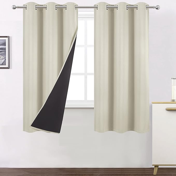 LEMOMO 100% Blackout Curtains 40 x 63 Inch/Light Beige Curtains 2 Panels with Black Liner/Double Layer Full Room Darkening Bedroom Curtains