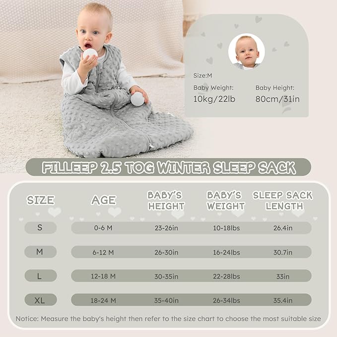 FILLEEP Fleece Baby Sleep Sack 12-18 Months with Plush Dots, Winter Baby Wearable Blanket for Infant Toddler Sleeping Sack 2-Way Zipper Warm Sleep sack, Grey