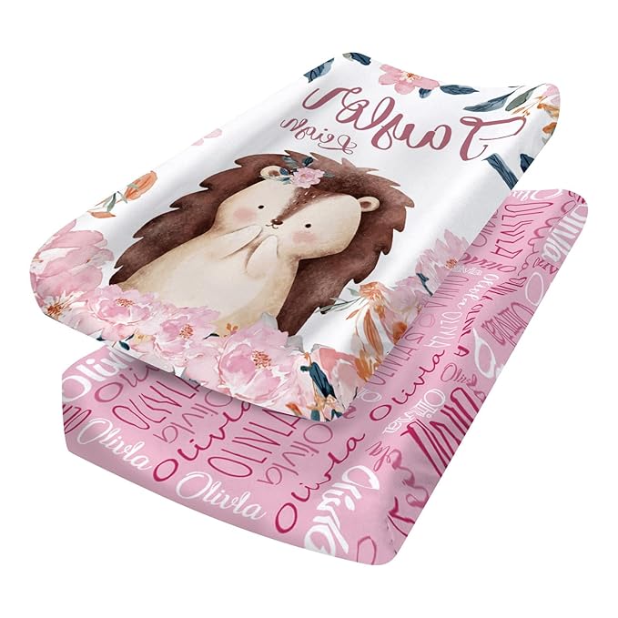 Custom Changing Pad Cover Set - Jersey Knit Ultra Soft Unisex Waterproof Diaper Changing Table Covers with Personalized Name for Baby Boys Girls - Comfy Cozy 2 Pcs Set Style19