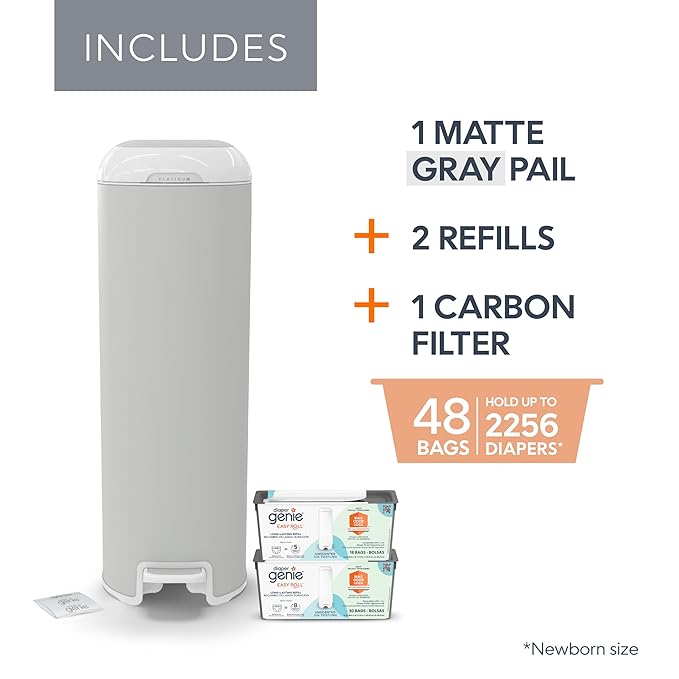 Diaper Genie Platinum Pail (Stone Grey) + Easy Roll Refill (30 Bags) Bundle