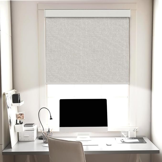 100% Blackout Roller Shades, Free-Stop Cordless Roller Blinds for Windows, Thermal Insulated Linen Fabric Window Shades UV Protection for Home, Door, Beige, 37" W x 72" H