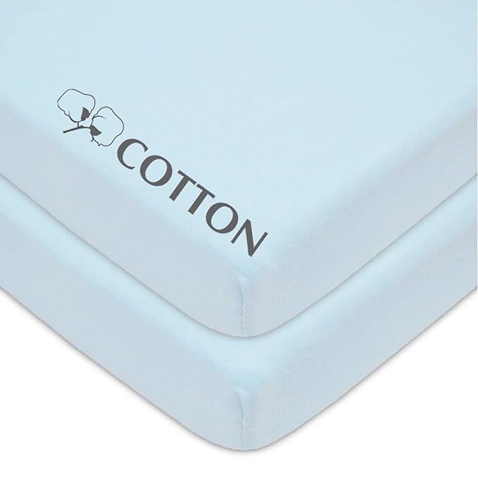 American Baby Company 2 Pack 100% Natural Cotton Fitted Mini Crib Sheets 38" x 24" - Soft & Breathable Small Nesting Portable Sheets, Fits Pack N Play Mattresses, Blue, for Boys & Girls
