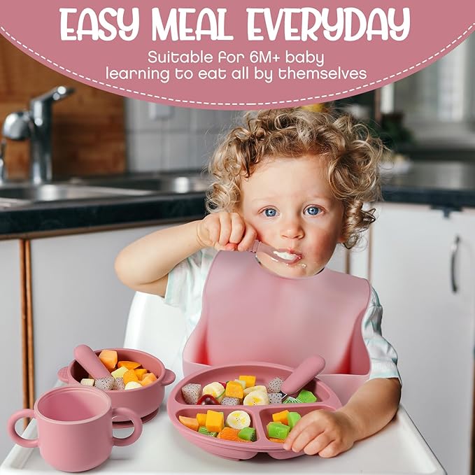 24 Pack Silicone Baby Feeding Set Baby LED Weaning Supplies Includes Suction Divided Plates Soft Bowl Spoons Forks Adjustable Bib Snack Cup and Straws(Dark Pink, Dusty Pink, Peach Color)