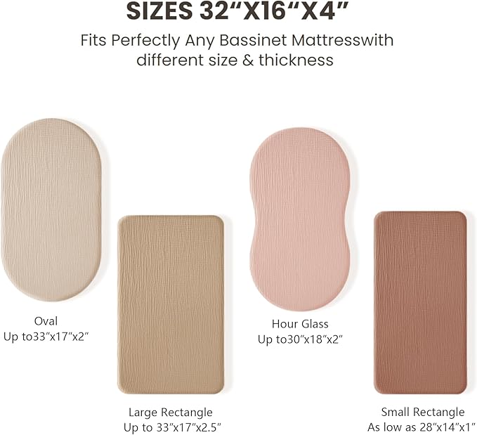 Konssy Muslin Bassinet Sheets for Baby Girl Boy, 2 Pack Soft Breathable Baby Bassinet Mattress Sheets Fit for Hourglass Oval Cradle, Moses Basket Rectangle Mattress (Camel, Sun)
