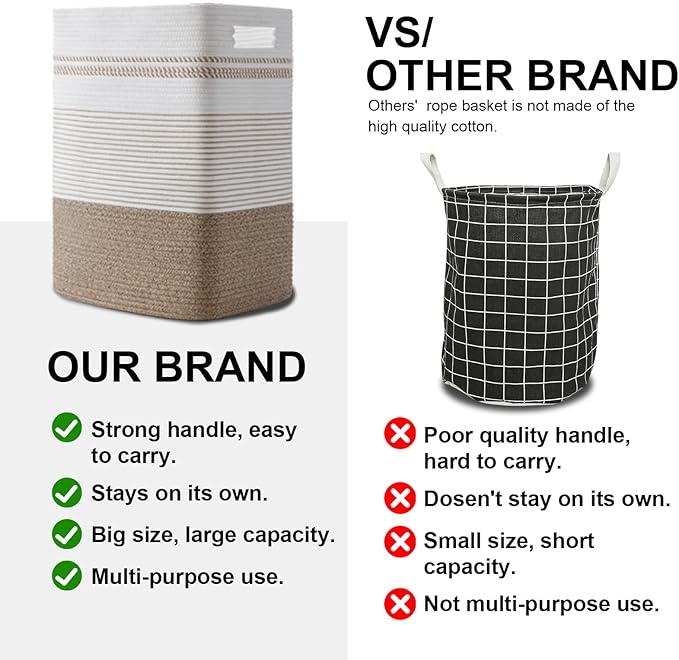 Laundry Basket, Large Woven Rope Tall Laundry Basket with Handles, Decorative Storage Basket for Clothes and Blankets in Living room, Bedroom