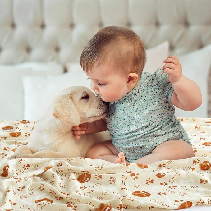 LifeTree Baby Swaddle Blankets, Muslin Swaddle Blankets Unisex Swaddling Wrap Receiving Blanket, 70% Viscose from Bamboo and 30% Cotton, Large 47" x 47", Dog Elements Pattern