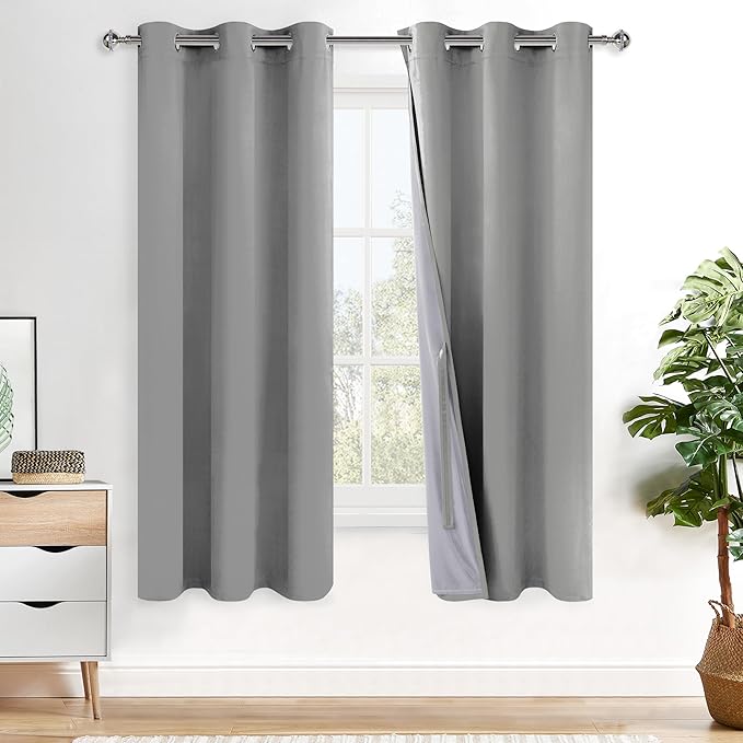 XWZO 100% Blackout Curtain Panels - Thermal Insulated Black Liner Curtains, Noise Reducing and Heat Blocking Drapes for Hall and Studio Windows with Tiebacks, Light Grey, W38 x L72, Set of 2