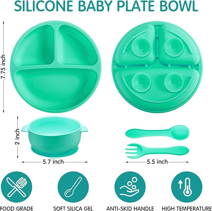 CHENGU 12 Pcs Silicone Bowl with Suction Set for Baby Toddler with Suction Plate, Spoon and Fork, Divided Design Baby Feeding Utensils Weaning Kit, Dishwasher and Microwave Safe