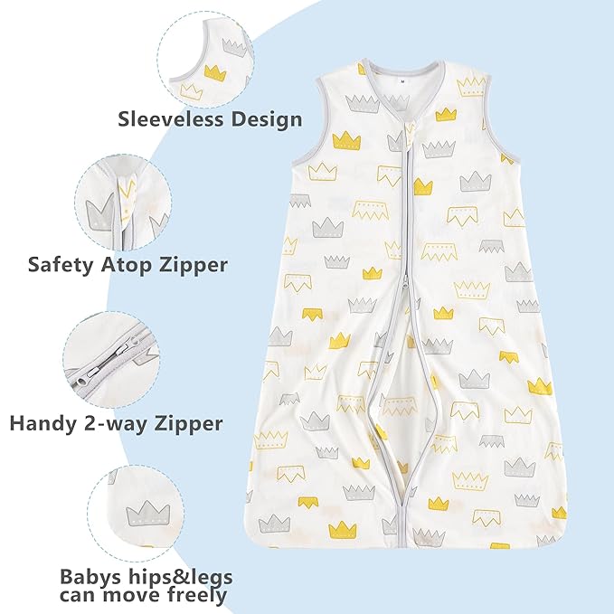 TILLYOU 2 Pack Baby Sleep Sack 6-12 Months 100% Cotton Wearable Blanket 0.5 TOG Sleeveless Summer Sleep Sacks with 2-Way Zipper, Gray Crown