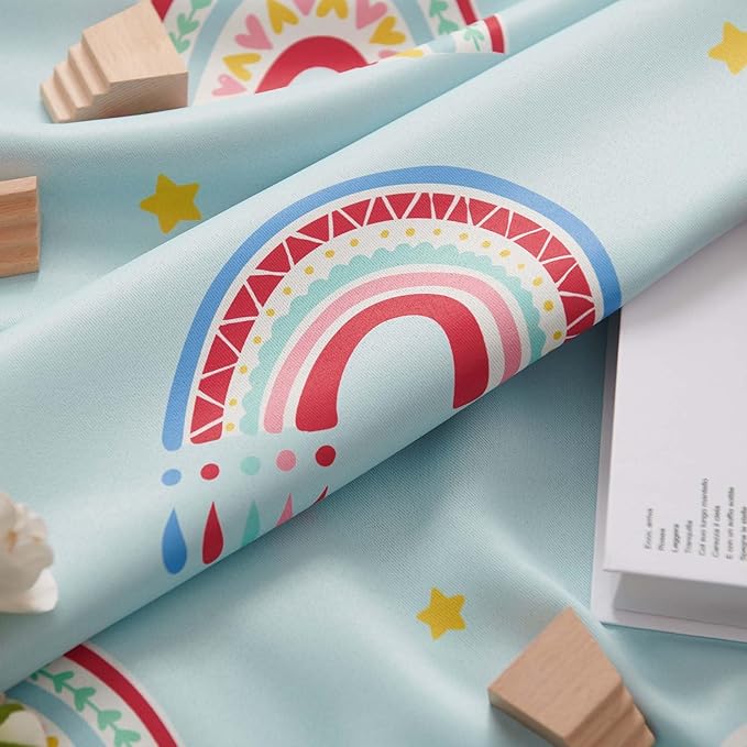 Vangao Easter Boho Girls 100% Blackout Curtains Pastel Blue for Kids Room 63 Inch Length, Rainbow Window Drapes for Living Room Nursery Thermal Insulated Room Darkening Bedroom Grommet 2 Panels