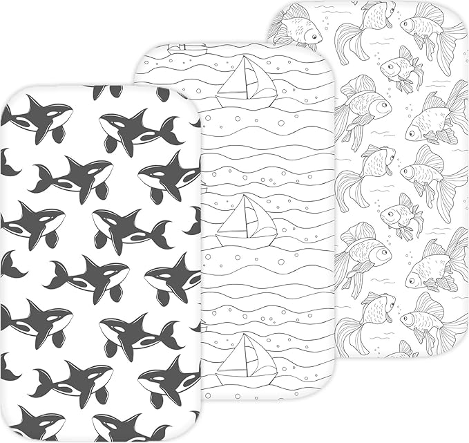 Bassinet Sheets for Papablic, CoZee, Cowiewie, Ezebaby, Nawahev Baby Bassinet Bedside Sleeper by TansyPanda, 3PC, 33x20, Ultra Soft, Breathable Snug Fit, Unisex Boys Girls, Gray White (Ocean Fish)